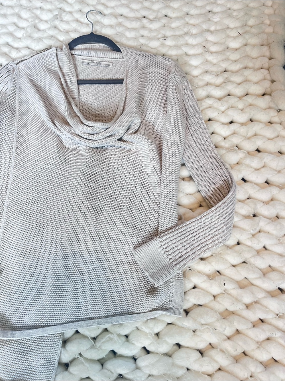 AllSaints Cowl Neck Knit Sweater Jacket | Lightweight Textured Knit | Neutral - Picture 4 of 9